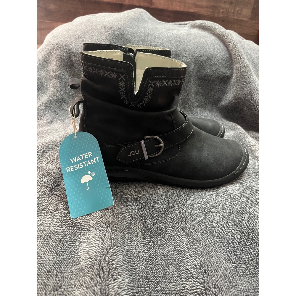 NEW JBU Dottie Water Resistant Ankle Boots Black Floral Embroidered Buckle 8M